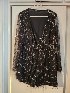 Black Sequin Mesh Romper with Gold Sequins